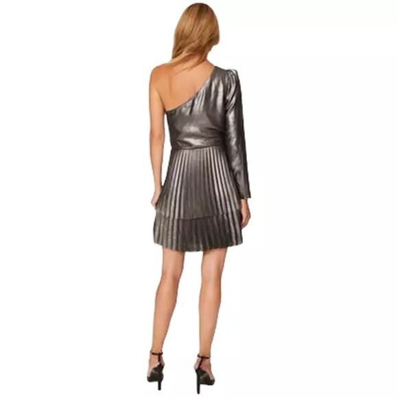DEREK LAM Silver Metallic One Shoulder Pleated Black Mini Dress Size EU 44 - Picture 3 of 12
